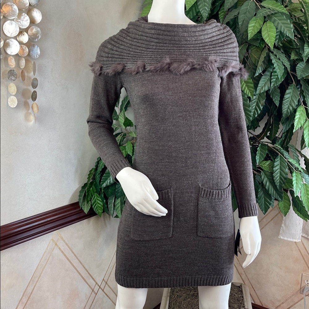 RABBIT FUR TRIMMED COWL NECK SWEATER DRESS